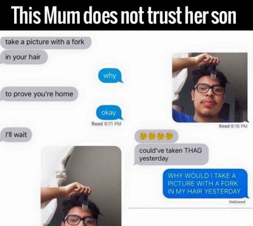 communication - This Mum does not trust her son take a picture with a fork in your hair why to prove you're home Okay Read Read I'll wait could've taken Thag yesterday Why Would I Take A Picture With A Fork In My Hair Yesterday