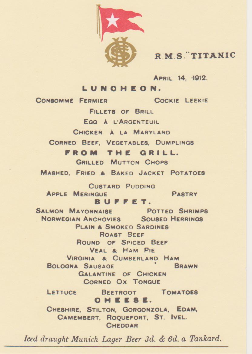 Menu for first class passengers in the Titanic