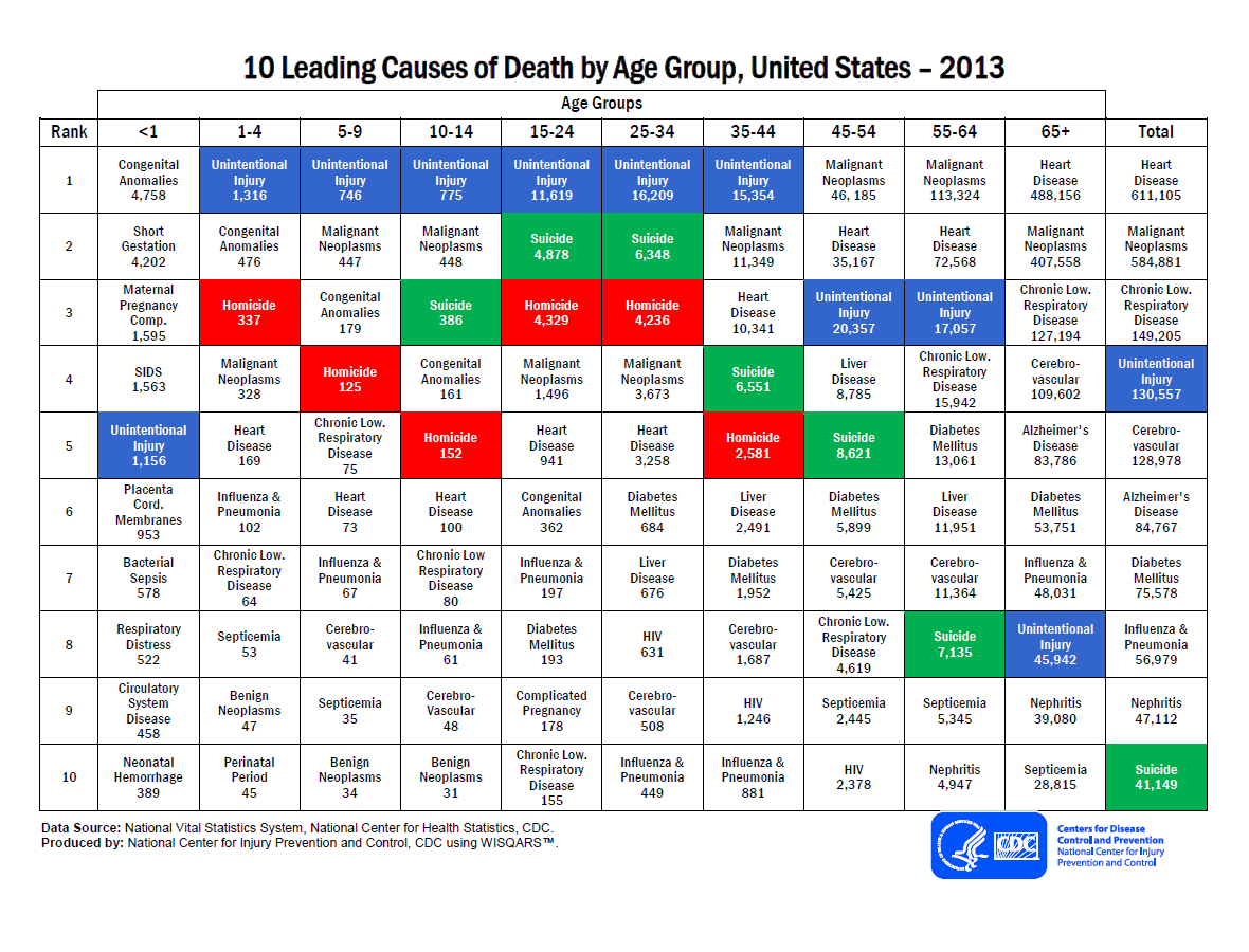 CDC chart that shows the leading causes of death by age group. It really puts things into perspective