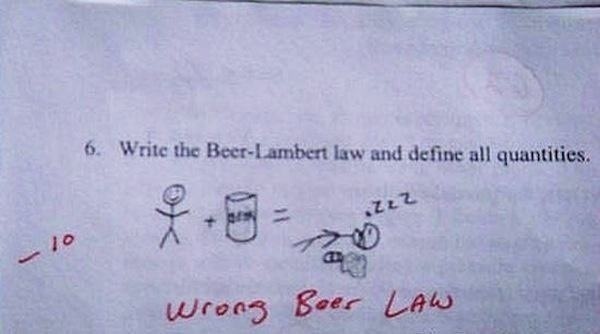 funny exam answers - 6. Write the BeerLambert law and define all quantities. wrong Boer Law