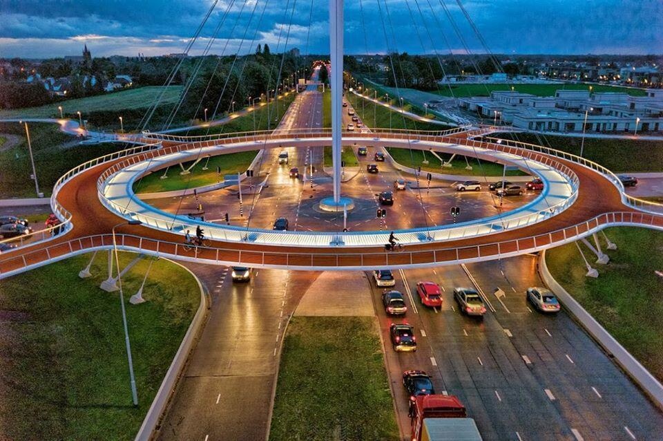 The Hovenring in the Netherlands is a bike bridge that connects the cities of Eindhoven and Veldhoven.