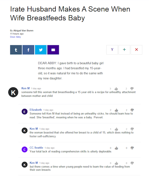 troll ken m - Irate Husband Makes A Scene When Wife Breastfeeds Baby By Abigail Van Buren 11 hours ago Dear Abby Y Dear Abby I gave birth to a beautiful baby girl three months ago. I had breastfed my 15year old, so it was natural for me to do the same wit