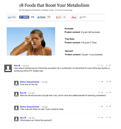 ken m superfoods - 18 Foods that Boost Your Metabolism By The Editors of Prevention Healthy Living 2 hours 8 minutes ago Email 678 y Tweet 106 1 24 Perl Print Avocado Protein content 2 g per half avocado Tree Nuts Protein content 46 g per 2 Tbsp Spinach P