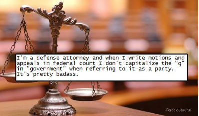 rebel violation of law - I'm a defense attorney and when I write motions and appeals in federal court I don't capitalize the "9" in "government when referring to it as a party. It's pretty badass. Ferocious