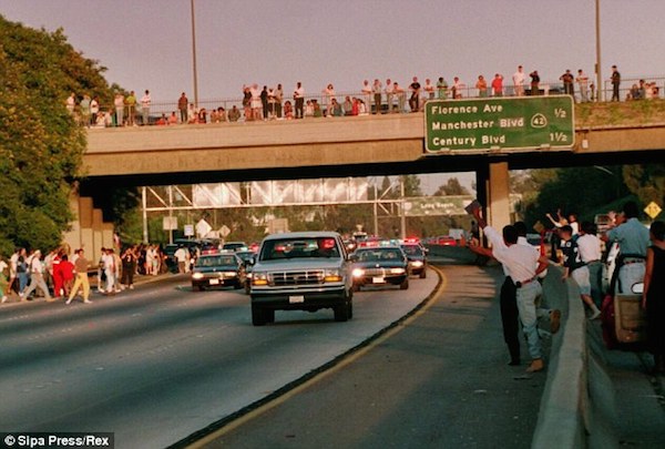 On June 17, 1994, television networks and cable news channels aired non-stop coverage of perhaps the most famous car chase to have ever taken place on LA freeways—O.J. Simpson in a white Ford Bronco.

As California Highway Patrol and the LAPD tailed the Bronco, onlookers cheered and waved from overpasses and ramps during the chase—some even pulled over and got out of their vehicles to wave from the roadside.

The chase began after Simpson was charged with killing his ex-wife, Nicole Brown Simpson, and her friend, Ronald Goldman. Simpson's friend and former Buffalo Bills teammate, Al Cowlings, drove the Bronco as Simpson hid in the rear, taking the chase that played out mostly on the 405 Freeway into the history books.

The chase ended at Simpson's Brentwood mansion. He stayed inside the Bronco for another hour before being coaxed out by LAPD's Special Weapons and Tactics team. He was then transported by police motorcade to Parker Center for booking and transported to Men's Central Jail. Cowlings was booked on suspicion of harboring a fugitive.