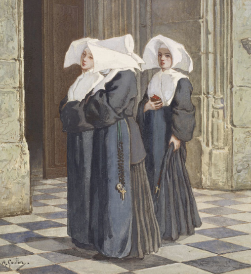 three nuns in the portal of a church
