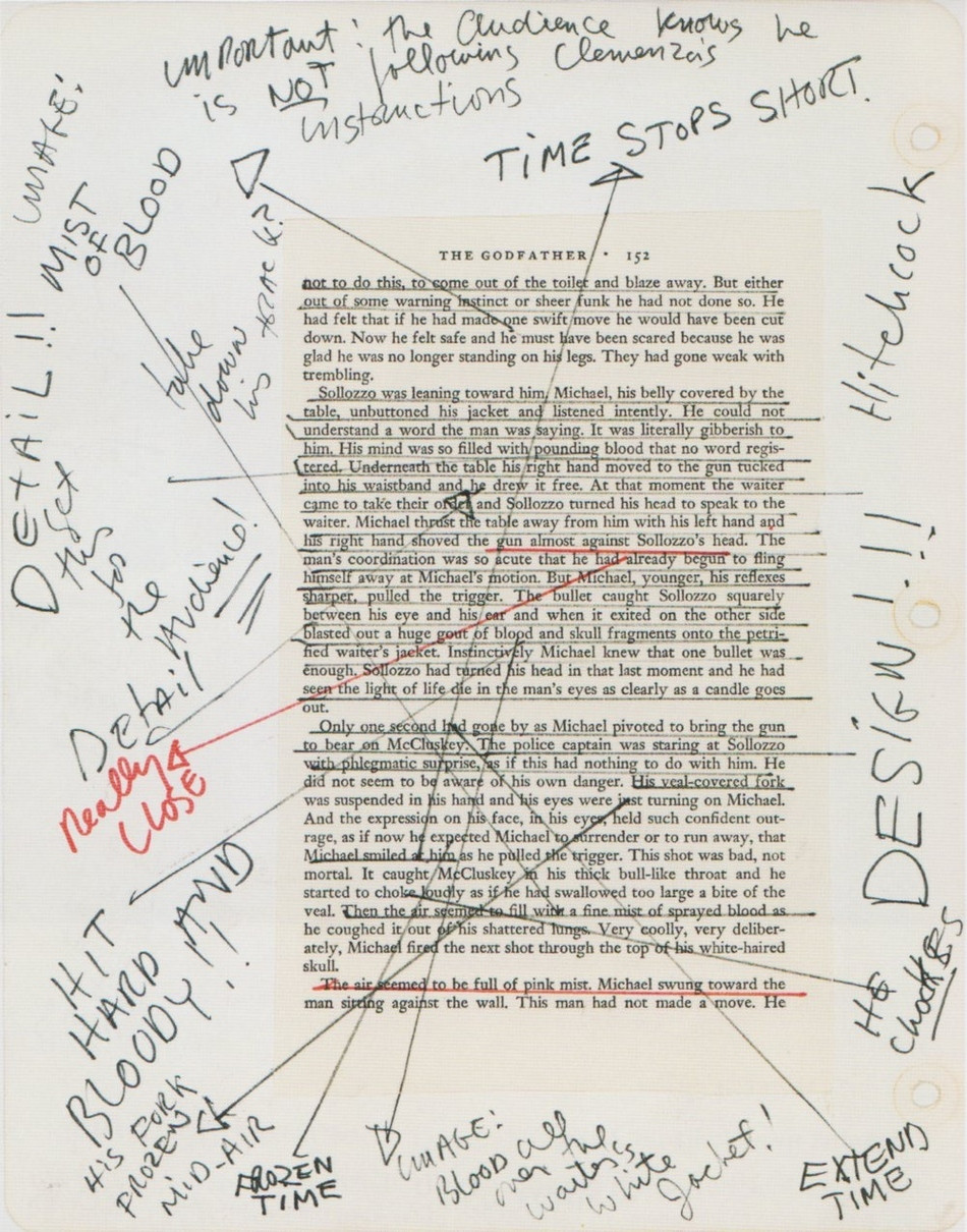 A page from Francis Ford Coppola’s enormous “Godfather” notebook that never left his side while making the 1972 film. After reading Mario Puzo’s novel, the director removed each page and glued it a sheet with margins in order to make notes and observations for each scene.