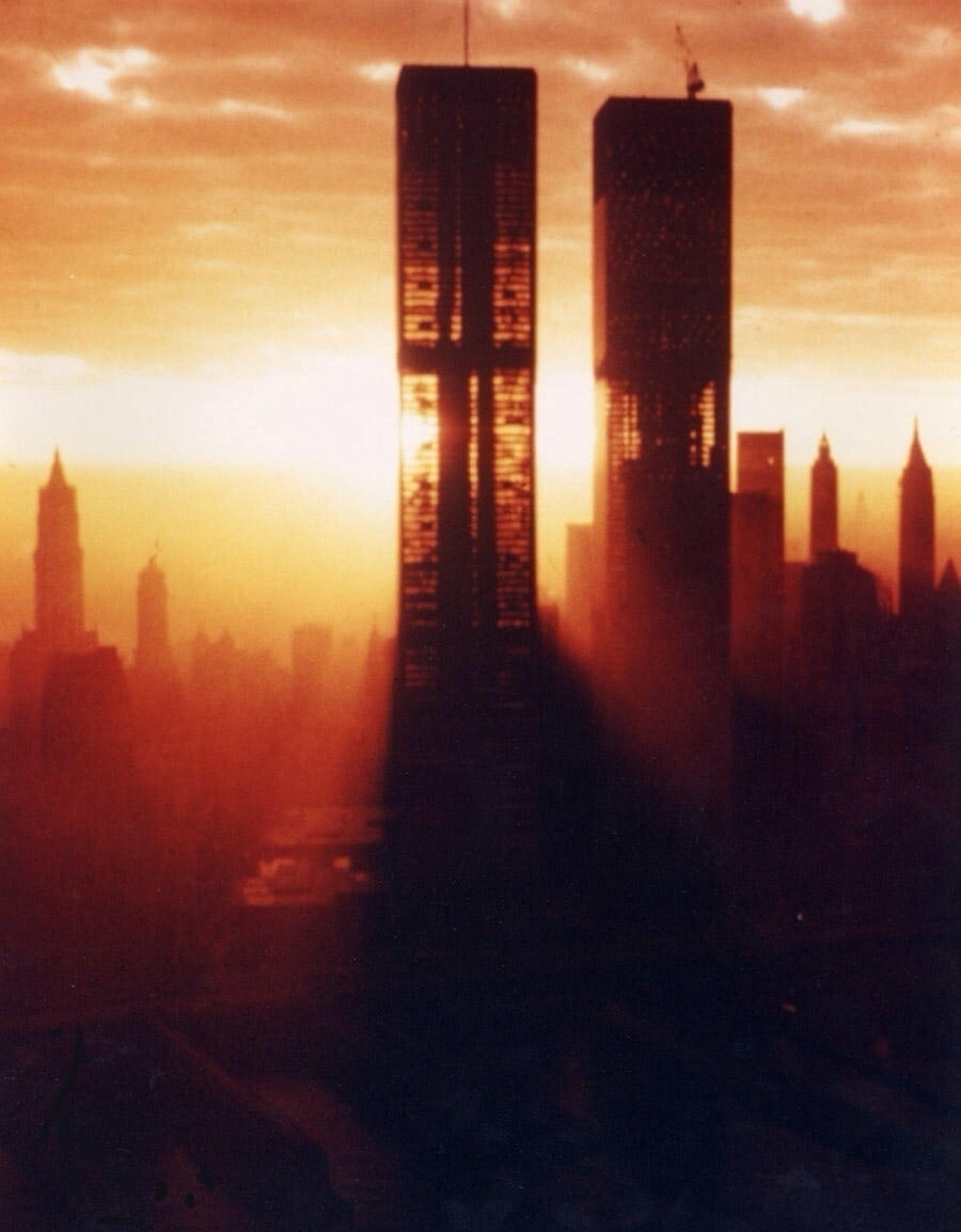 The World Trade Center photographed on a morning in 1972, one year before it would be finished.