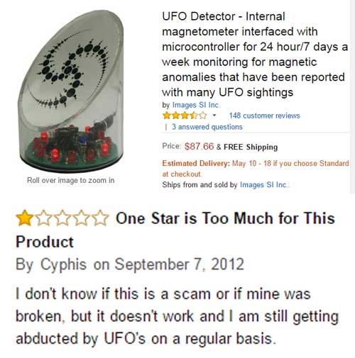 amazon reviews- Ufo Detector Internal magnetometer interfaced with microcontroller for 24 hour7 days a week monitoring for magnetic anomalies that have been reported with many Ufo sightings by Images Sl Inc. 7 148 customer reviews I 3 answered questions P