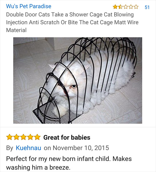 amazon reviews- angle - 51 Wu's Pet Paradise Double Door Cats Take a Shower Cage Cat Blowing Injection Anti Scratch Or Bite The Cat Cage Matt Wire Material Great for babies By Kuehnau on Perfect for my new born infant child. Makes washing him a breeze.
