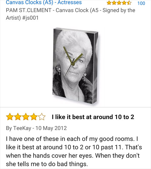 amazon reviews- jaw - Canvas Clocks A5 Actresses M Ax 100 Pam St.Clement Canvas Clock A5 Signed by the Artist I it best at around 10 to 2 By Teekay I have one of these in each of my good rooms. I it best at around 10 to 2 or 10 past 11. That's when the ha