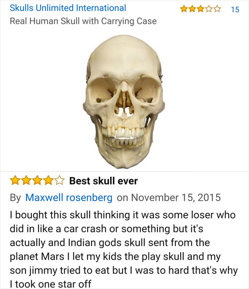 amazon reviews- jaw - 15 Skulls Unlimited International Real Human Skull with Carrying Case Best skull ever By Maxwell rosenberg on I bought this skull thinking it was some loser who did in a car crash or something but it's actually and Indian gods skull 