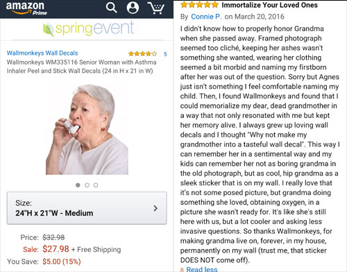 amazon reviews- weirdest amazon reviews - amazon Prime spring event Wallmonkeys Wall Decals Wallmonkeys WM335116 Senior Woman with Asthma Inhaler Peel and Stick Wall Decals 24 in H x 21 in W Immortalize Your Loved Ones By Connie P. on I didn't know how to