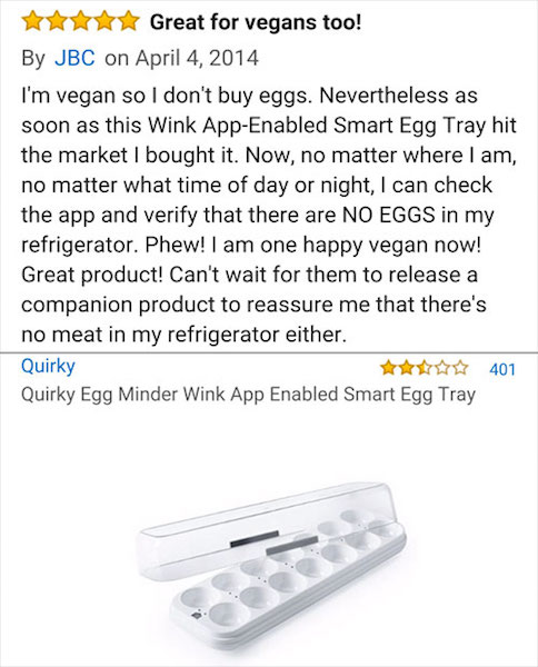 amazon reviews- material - Great for vegans too! By Jbc on I'm vegan so I don't buy eggs. Nevertheless as soon as this Wink AppEnabled Smart Egg Tray hit the market I bought it. Now, no matter where I am, no matter what time of day or night, I can check t