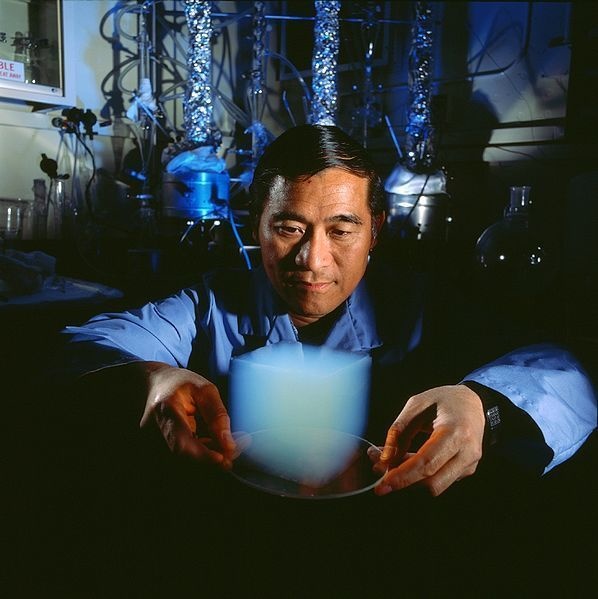 Renown scientist Peter Tsou holds an aerogel cube. Nicknamed "frozen smoke," aerogels are actually translucent, synthetic solid-state substances. They're the world's lightest solid materials.