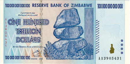 In order to stabilize the economy the Zimbabwe currency was taken out of circulation. The bank was paying citizens $5 USD for one $100,000,000,000,000 bill.