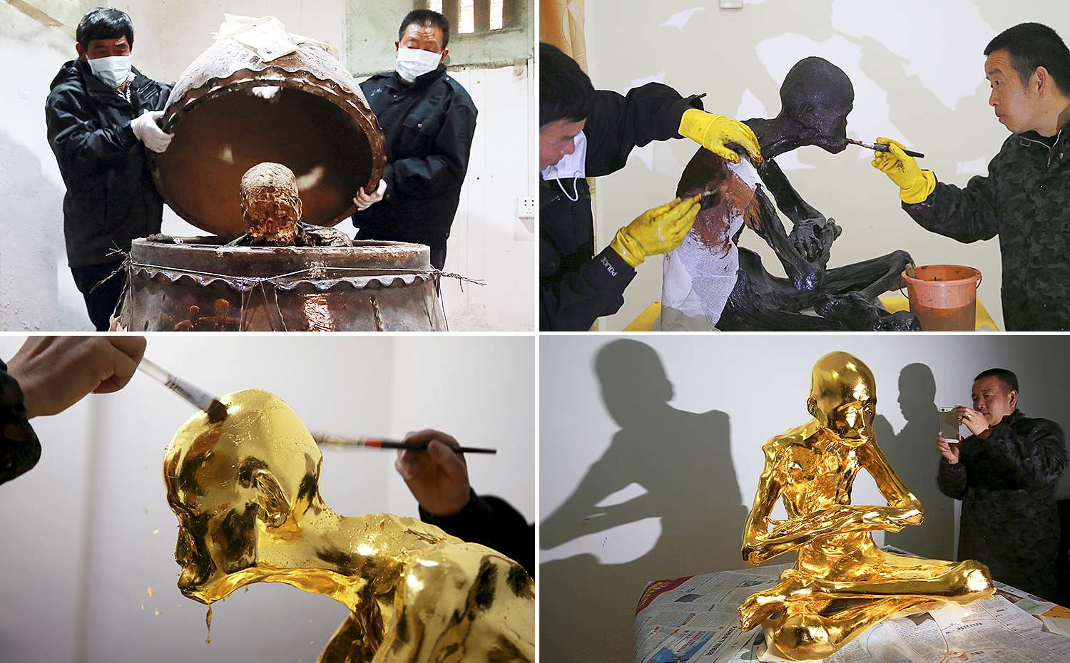 The mummified body of revered Buddhist monk Fu Hou is removed from a sealed vat stuffed with lime, charcoal and sandalwood, before being treated and covered in gold leaf. The monk died in 2012 at the age of 94. He stopped eating two weeks before his death, drinking only half a spoon of water