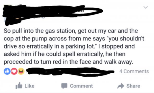 fashion accessory - So pull into the gas station, get out my car and the cop at the pump across from me says "you shouldn't drive so erratically in a parking lot." I stopped and asked him if he could spell erratically, he then proceeded to turn red in the