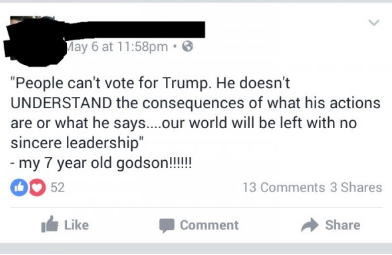 diagram - May 6 at pm. "People can't vote for Trump. He doesn't Understand the consequences of what his actions are or what he says....our world will be left with no sincere leadership" my 7 year old godson!!!!!! 0 52 13 3 Comment