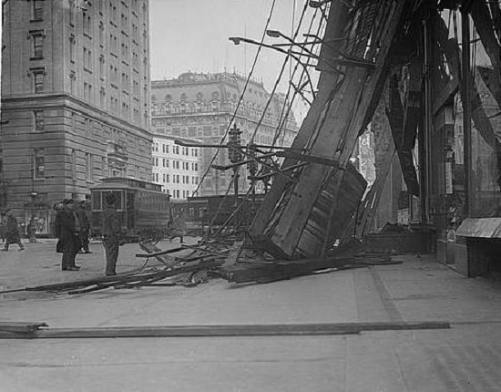 Damage from a wind storm in Times Square, 1912.