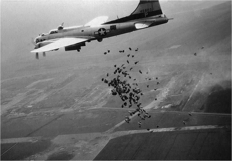 An American B17 drops food over Schiphol Airport during operation Chow Hound in 1945