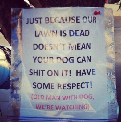 banner - Just Because Our Lawn Is Dead Doesn'T Mean Your Dog Can Shit On It! Have Some Respect! Old Man With Dog, We'Re Watching