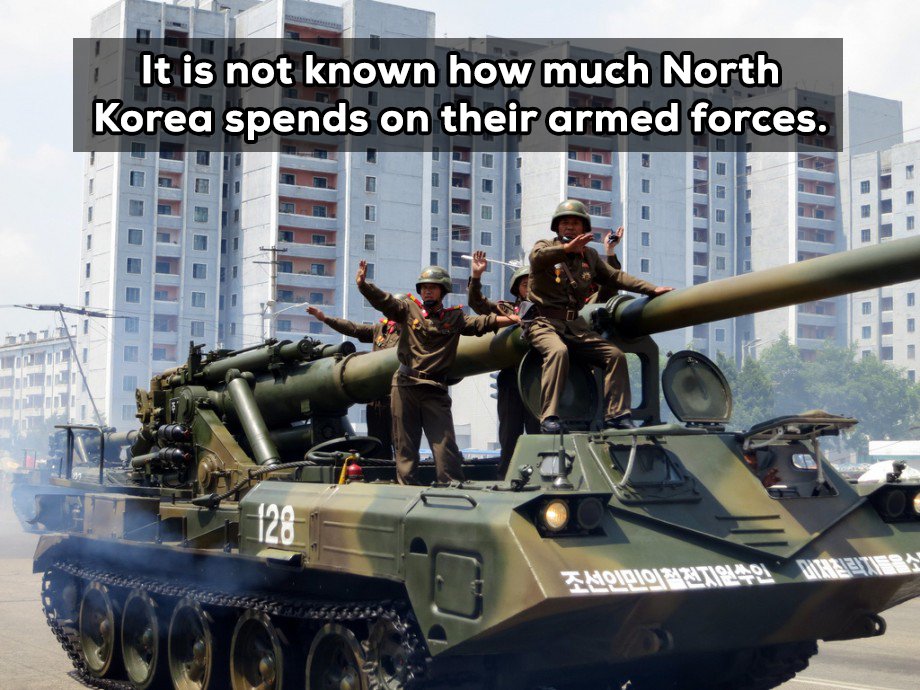 They have a policy of “Songun” requires military spending to exceed all other aspects of government. No one knows what the exact percentage is but estimates have ranged from as high as 38% of the total budget to as low as 15.8%.
