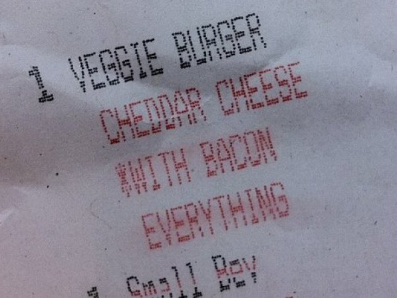 handwriting - L . 1 Veggie Burger Cheddar Cheese With Bacon Everything