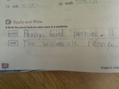 funny english test answers - 13. wife wives 16. tooth Teen Apply and Write Write the plural form for each noun in a sentence. penny wolf Penny found pennies. The wolves ate Pennye English 3, Chop