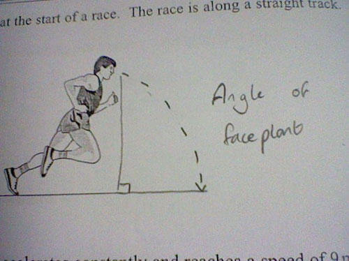 funny test answers angle of faceplant - at the start of a race. The race is along a straight track Angle of face plant umuduanabanod ofan