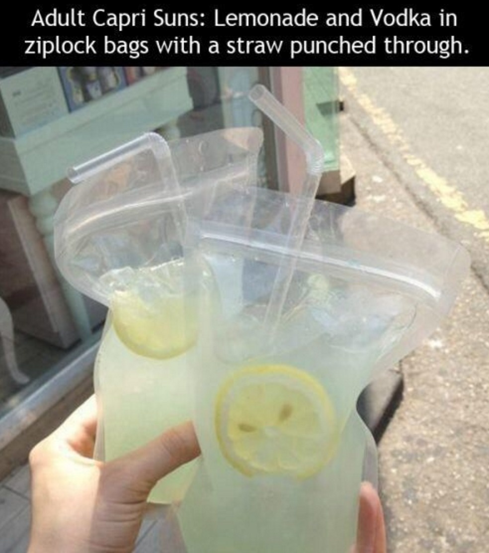 Make yourself an adult juice box with your favorite cocktail combo and a plastic bag.