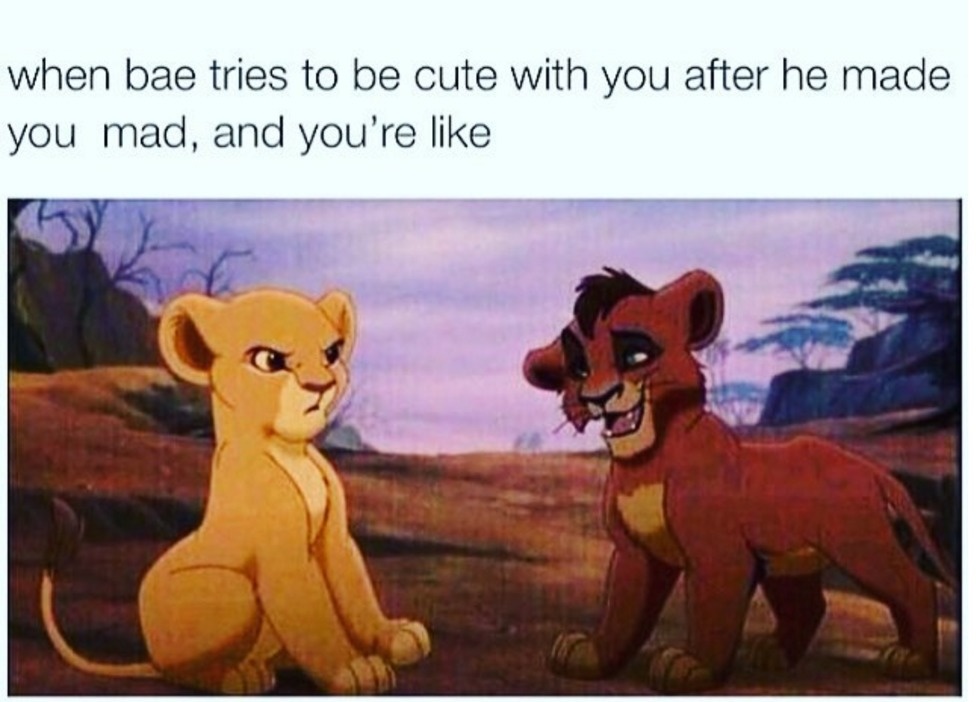 relationship meme of bae makes you mad when bae tries to be cute with you after he made you mad, and you're