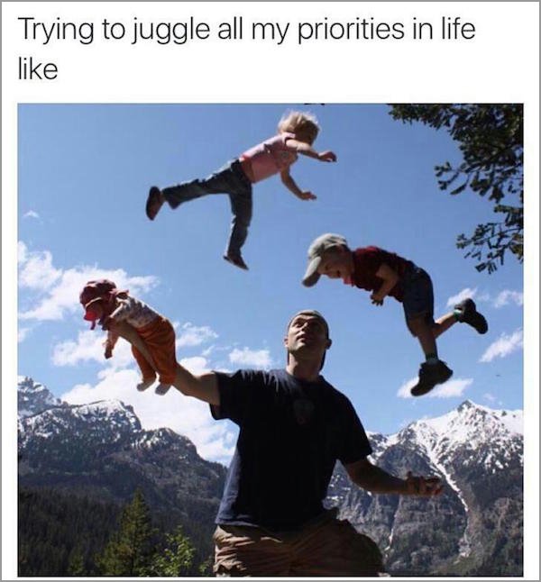 man juggling babies - Trying to juggle all my priorities in life