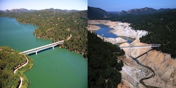 In just three years between 2011 (left) and 2014 (right), Lake Oroville in Oroville, California, dwindled drastically due to exceptional draughts.