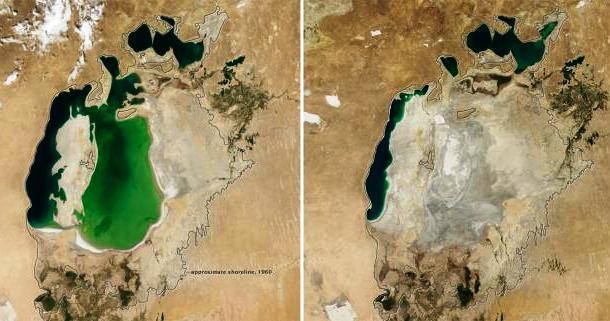 In 2000 (left), the Aral Sea had already shrunk to a fraction of its 1960 extent (black line). Further irrigation and dry conditions in 2014 (right) caused the sea's eastern lobe to completely dry up for the first time in 600 years.
