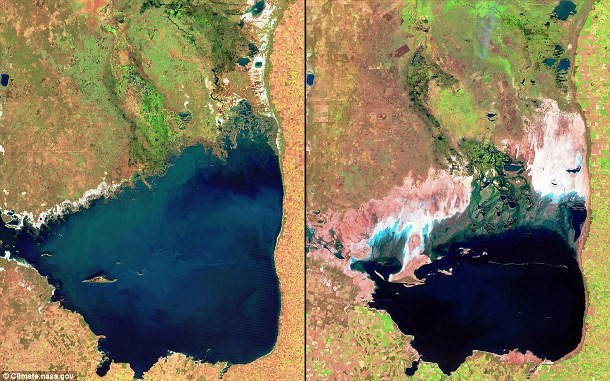 These satellite images show the shrinking Mar Chiquita in Argentina. Mar Chiquita is one of the largest natural saline lakes in the world, but it has been shrinking due to irrigation and drought.
