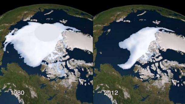 In these photos taken in 1980 (left) and 2012 (right), we clearly see how much the ice masses in the Arctic dwindled. Scientists estimate that the Arctic would have entirely ice-free summers by 2040.