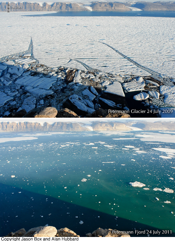 These before-and-after photographs show Petermann Glacier, a large glacier located in North-West Greenland, in July 2009 (up), before the calving event, and again in July 2011 (down).