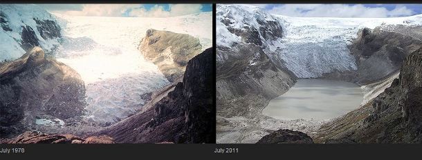 In July 1978 (left), the Qori Kalis glacier in Peru was still advancing. But by July 2011 (right), it had retreated completely back to land.