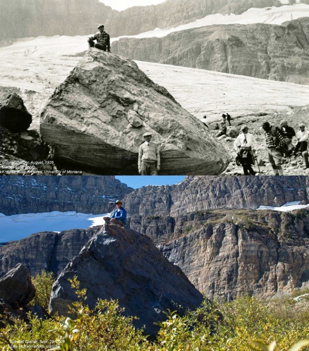 Between 1926 (up) and 2008 (down), most of the ice of the Grinnel Glacier, an iconic feature of the Glacier National Park in Montana disappeared due to climate change.
