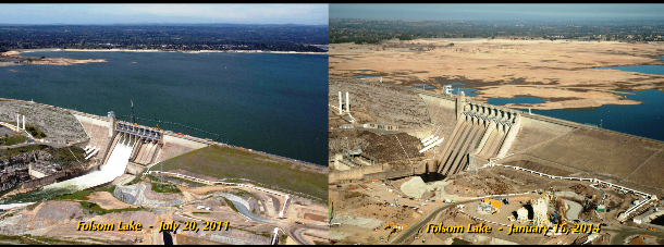 These two pictures demonstrate the severity of the draught that hit the Folsom Lake, a reservoir in Northern California located 25 mi (40 km) of Sacramento. In the 2011 view, the lake was at 97 % of total capacity. In the 2014 shot, the lake was at just 17 % of its capacity.