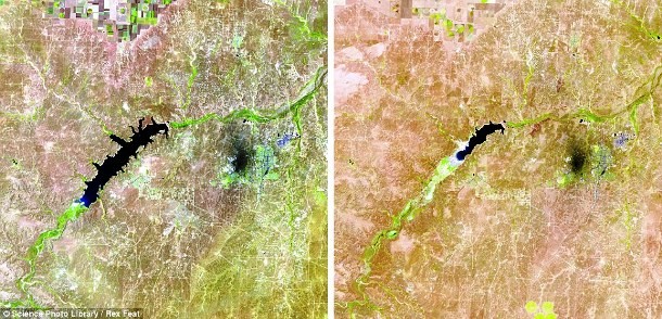 These satellite photographs show Lake Meredith, an artificial lake formed by the Sanford Dam in Texas. The 2011 (right) image shows how much water loss (due to continual droughts) has occurred since 1990 (left).