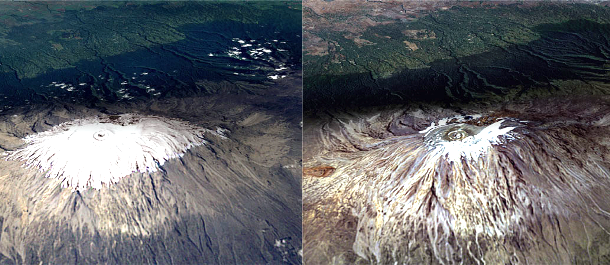Made up from three volcanic cones, Mt. Kilimanjaro is the tallest freestanding mountain in the world. These before and after images show the dramatic decline in Kilimanjaro´s icecap in just seven years (between 1993 and 2000).