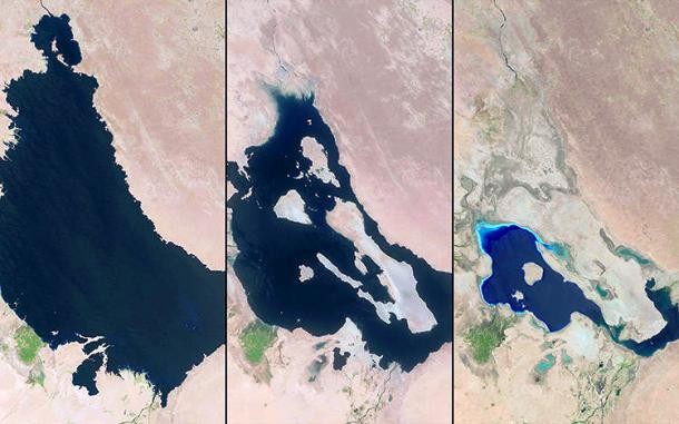 Bahr al Milh is a salt sea in Iraq, shown here in 1995, 2003 and 2013. Water levels of this shallow lake vary with the seasons, but levels have been drastically low year-round in the past decade.