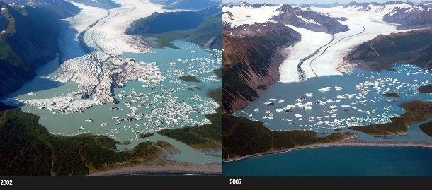 A comparison image of Bear Glacier, a large glacier in the Kenai Fjords National Park, south Alaska, shows rapid shrinkage between 2002 (left) and 2007 (right).