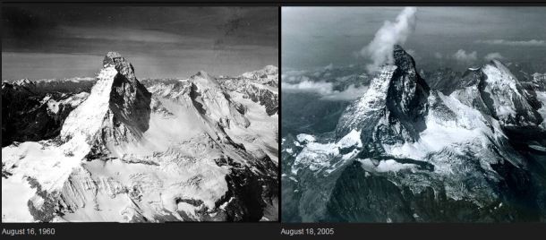 Matterhorn, one of Europe's tallest peaks, located in the Alps on the border between Italy and Switzerland, is eroding as a result of melting glacier water at the summit. The shrinkage of the snow mass is also obvious in these photos taken in 1960 and 2005.