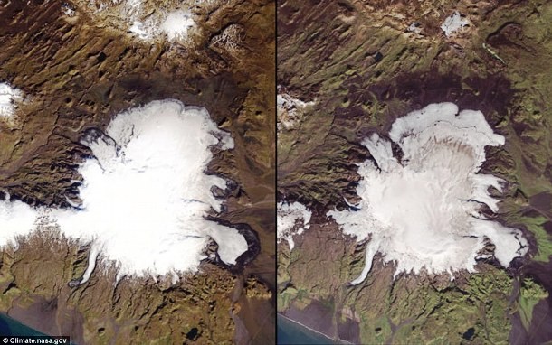Myrdalsjökull, Iceland's fourth largest ice cap, is seen on the left in 1986 and on the right in 2014. The ice cap covers the Katla volcano and has been shrinking due to global warming and geothermal heat.