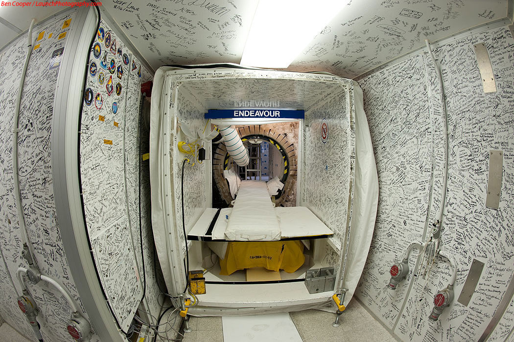 The interior of the Space Shuttle Endeavor is signed by all the people who worked with it.