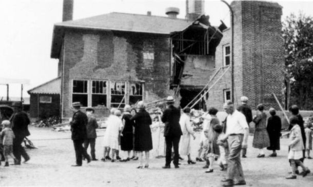 The deadliest mass murder to take place at school in U.S. history, the Bath School disaster was a series of violent attacks perpetrated by 55-year-old farmer Andrew Kehoe on May 18th 1927 in Bath Township, Michigan. Kehoe detonated explosions in the Bath Consolidated School, killing 38 children and 6 adults. During rescue efforts, an additional 500 lb (230 kg) of un-exploded dynamite was found, which suggests Kehoe probably intended to blow up the entire school. After the attack, he committed suicide by detonating a final device in his truck.
