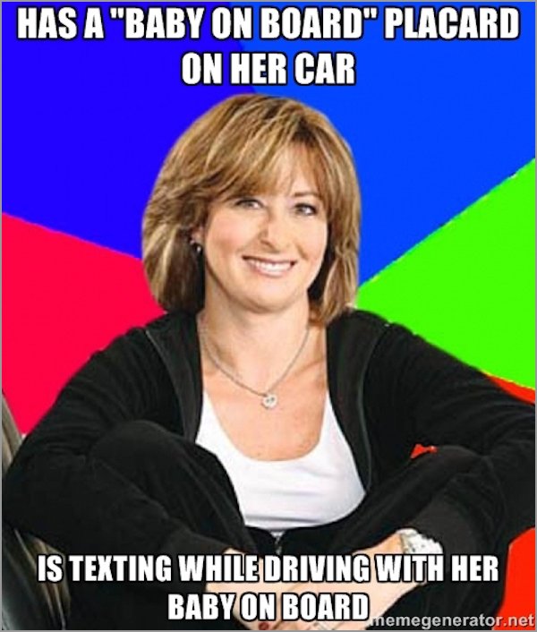 sheltering suburban mom meme - Has A "Baby On Board" Placard On Her Car Is Texting While Driving With Her Baby On Board memegenerator.net